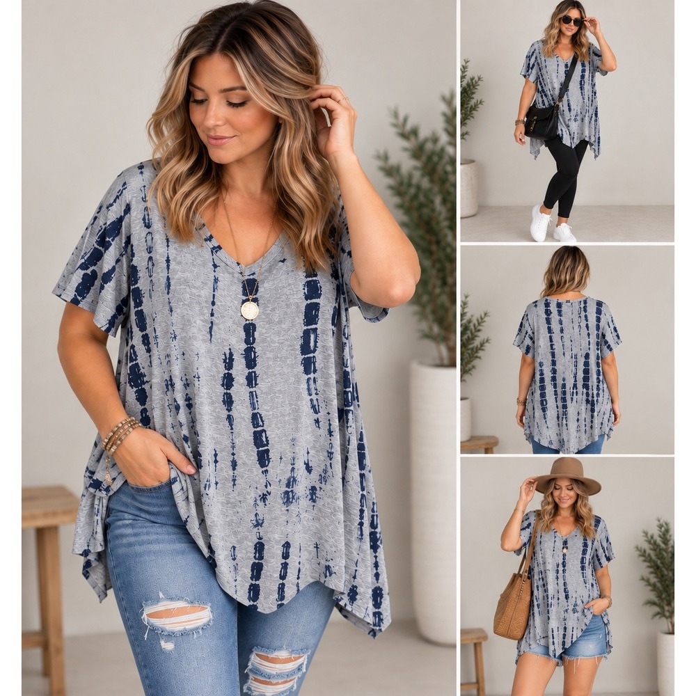 Front of Closet Tunic Top Womens 3XL Gray Blue Viscose Tie Dye Sharkbite Boho